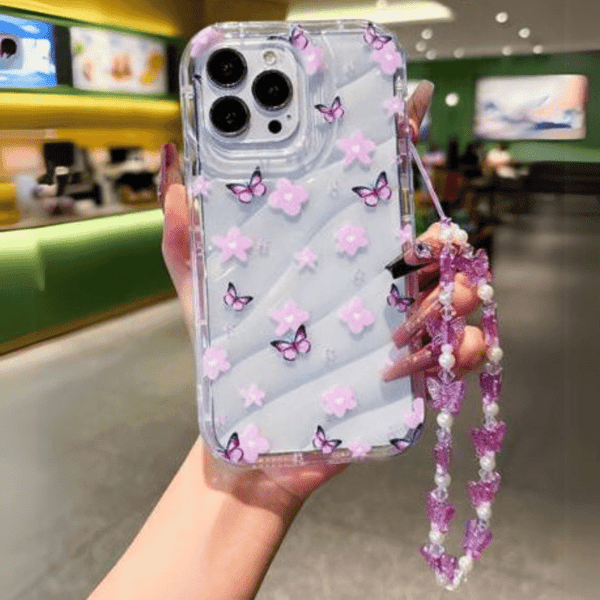 Purple Flower & Butterfly Airbag Shockproof Phone Case With Butterfly Lanyard Strap